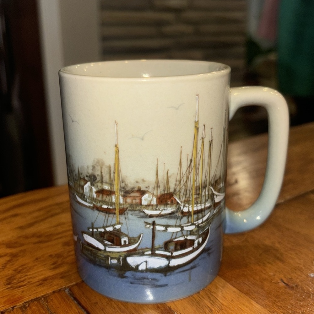 Vintage Otagiri Fishing Village Nautical Boats Seagull Coffee Cup Mug Japan